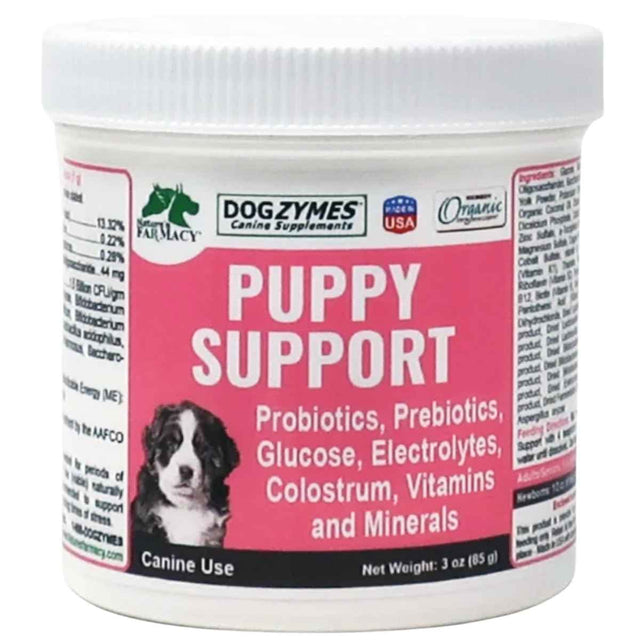 Envase frontal de Dogzymes Puppy Support, suplemento nutricional canino de 3 oz