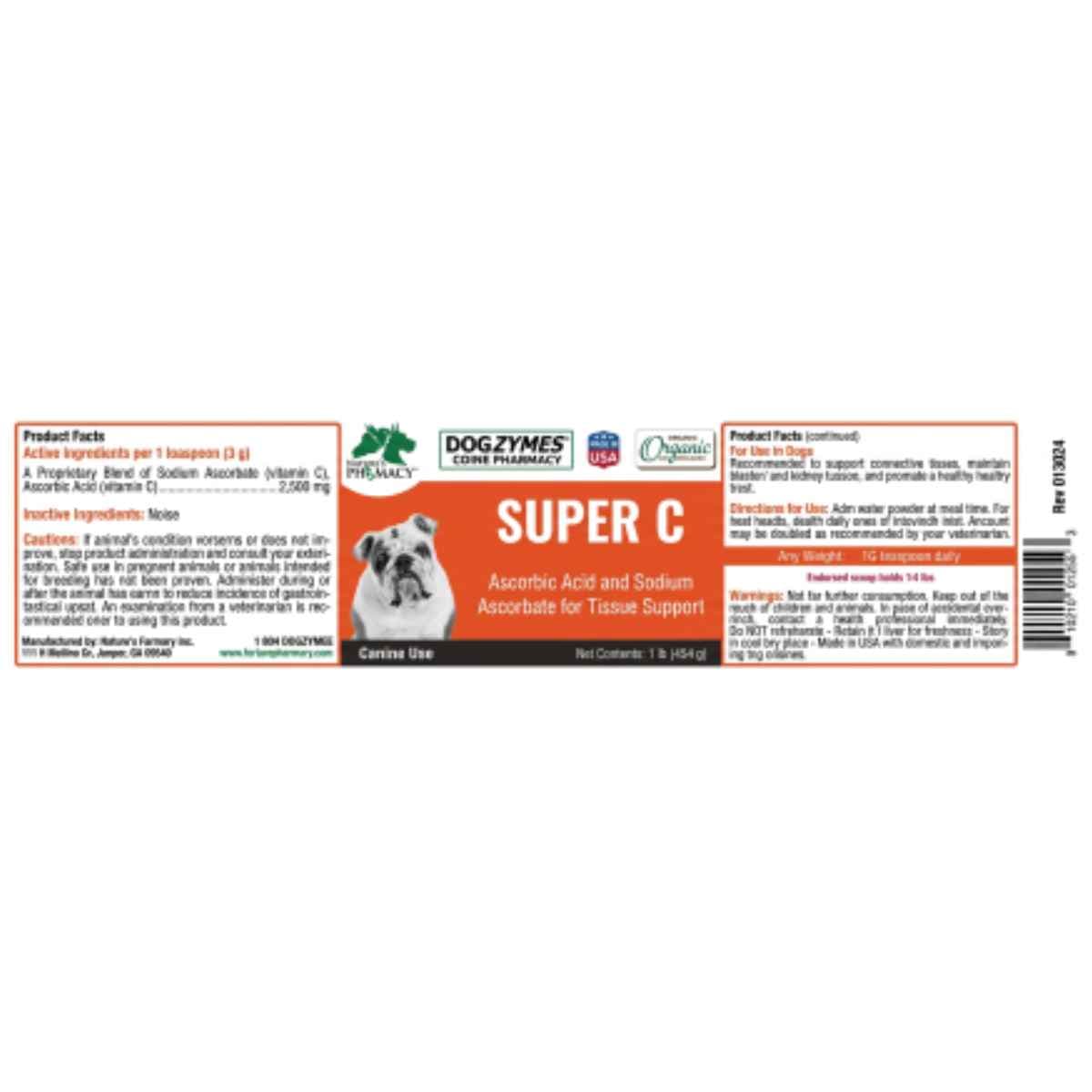 Etiqueta completa de Dogzymes Super C de 1 lb con información del producto, modo de uso, advertencias y código UPC