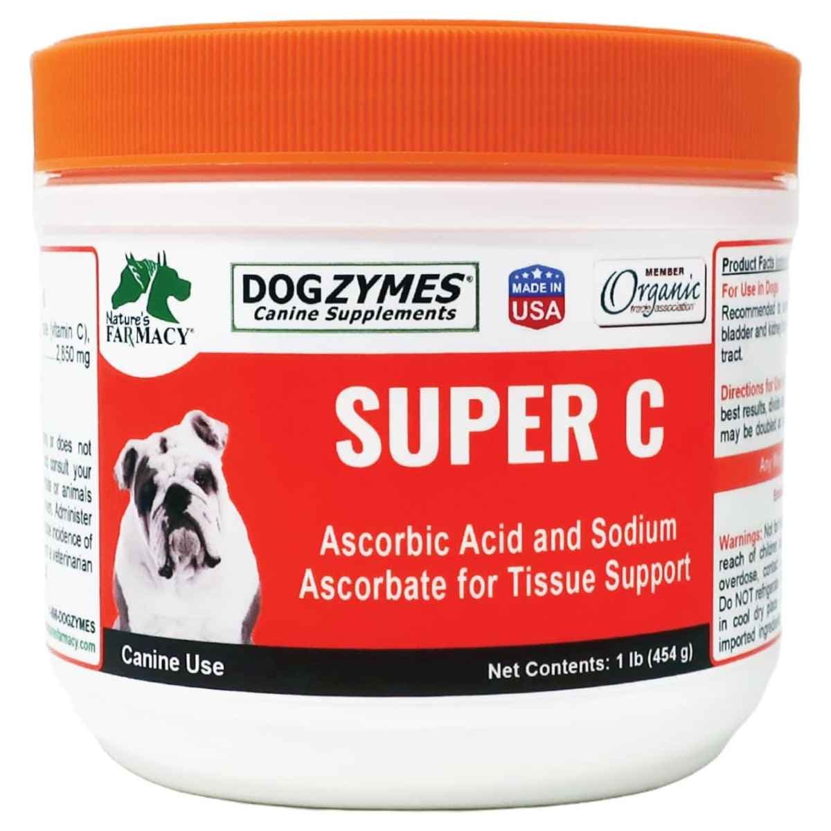 Envase frontal de Dogzymes Super C para perros, presentación de 1 lb