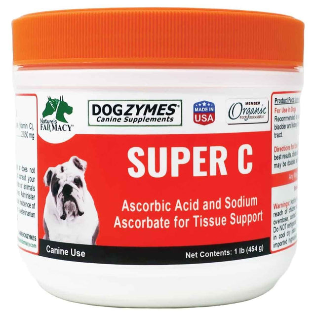 Envase frontal de Dogzymes Super C para perros, presentación de 1 lb