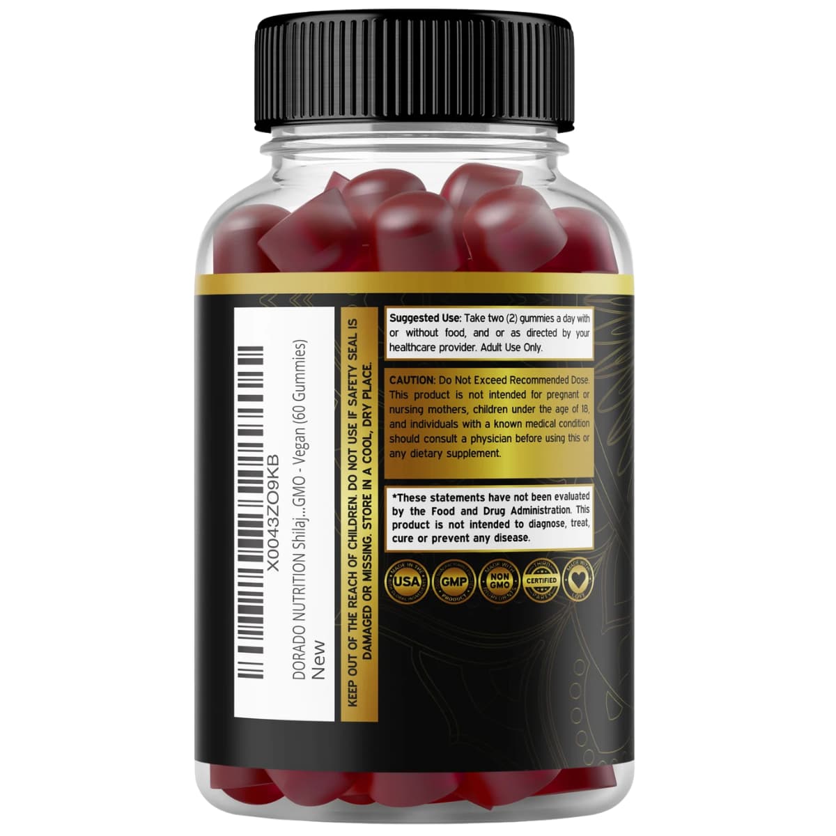 Etiqueta con información del suplemento Dorado Nutrition Shilajit Frambuesa Sandía 60 gomitas