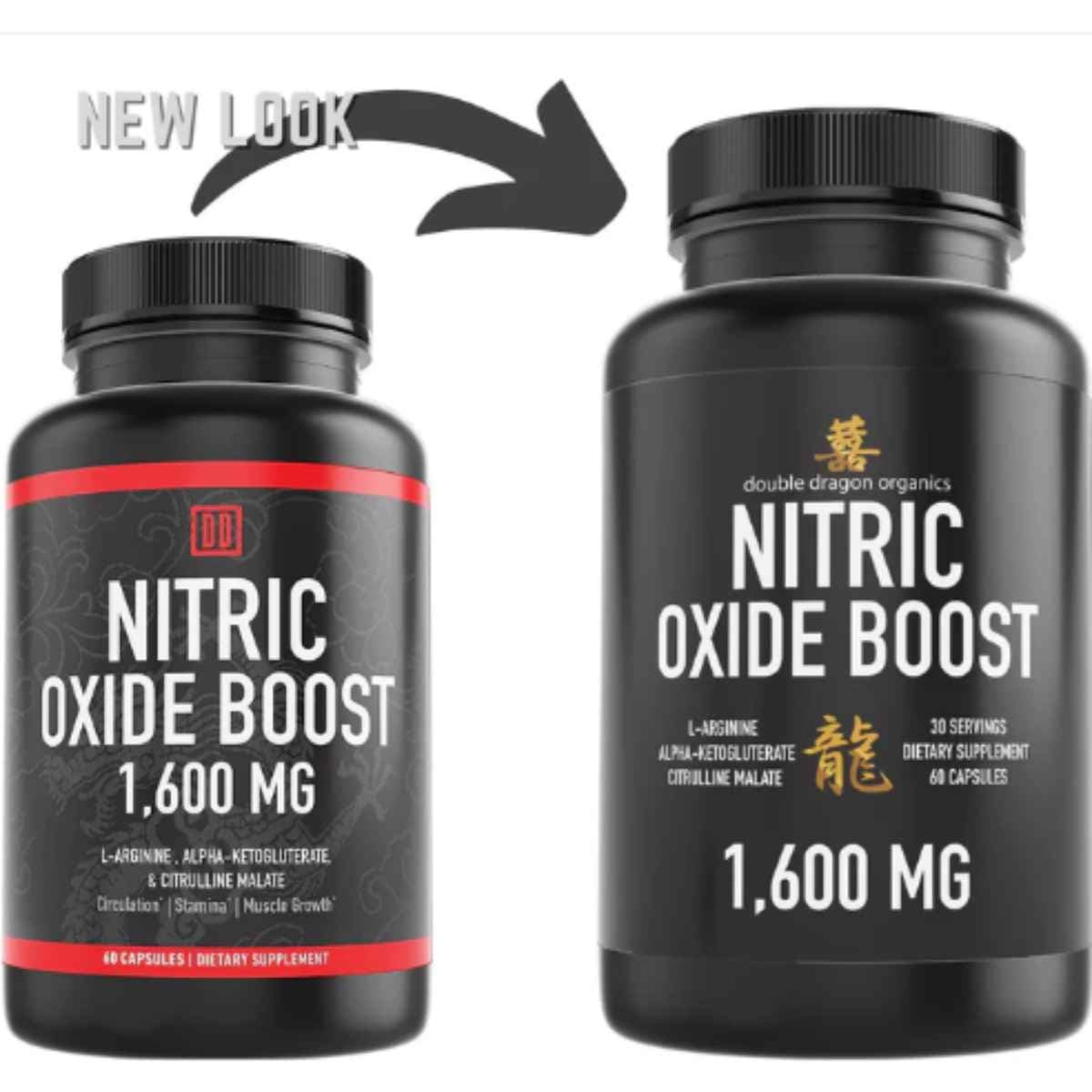 Etiqueta con información del suplemento Double Dragon Organics Óxido Nítrico 1600 mg 60 cápsulas