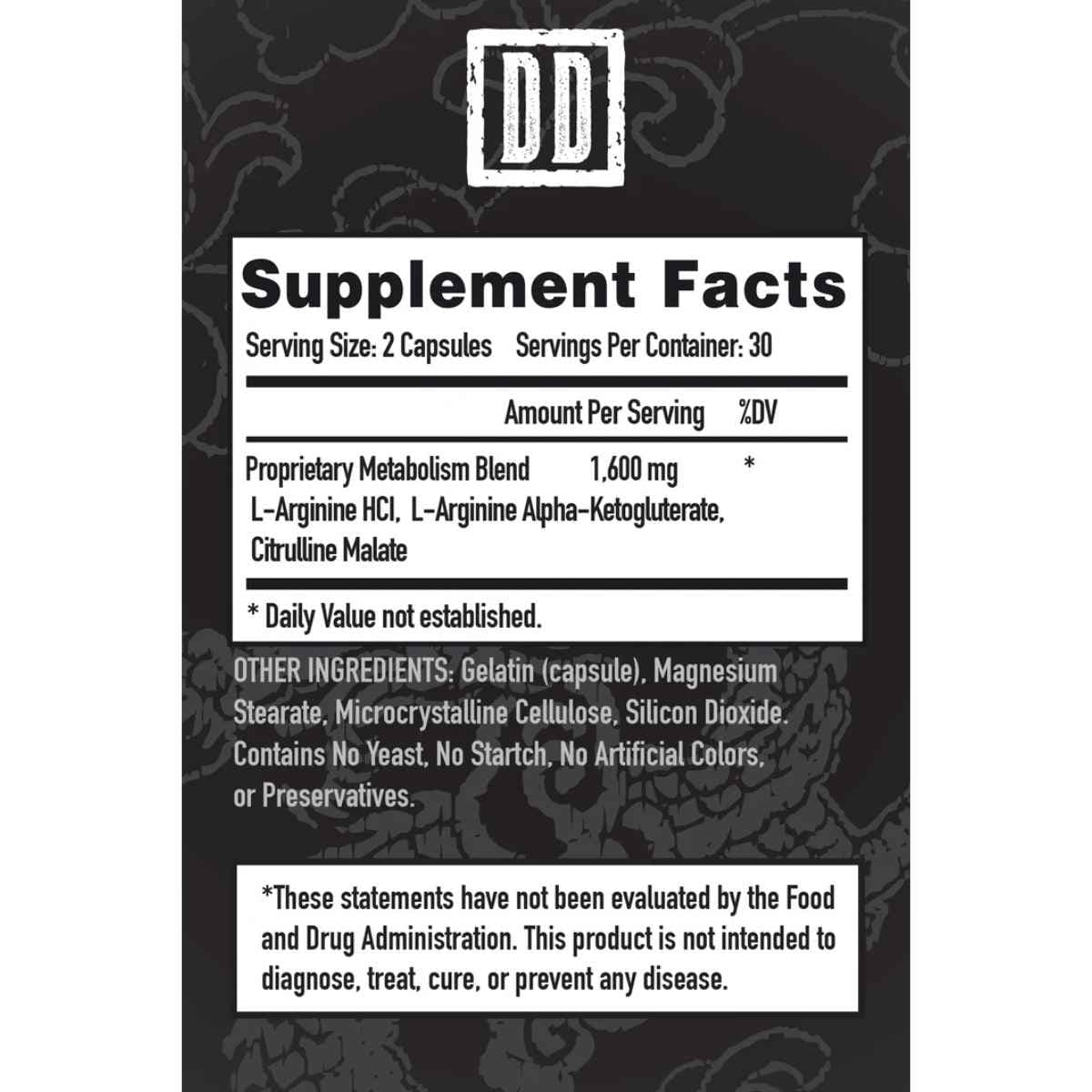 Tabla nutricional del suplemento Double Dragon Organics Óxido Nítrico 1600 mg 60 cápsulas