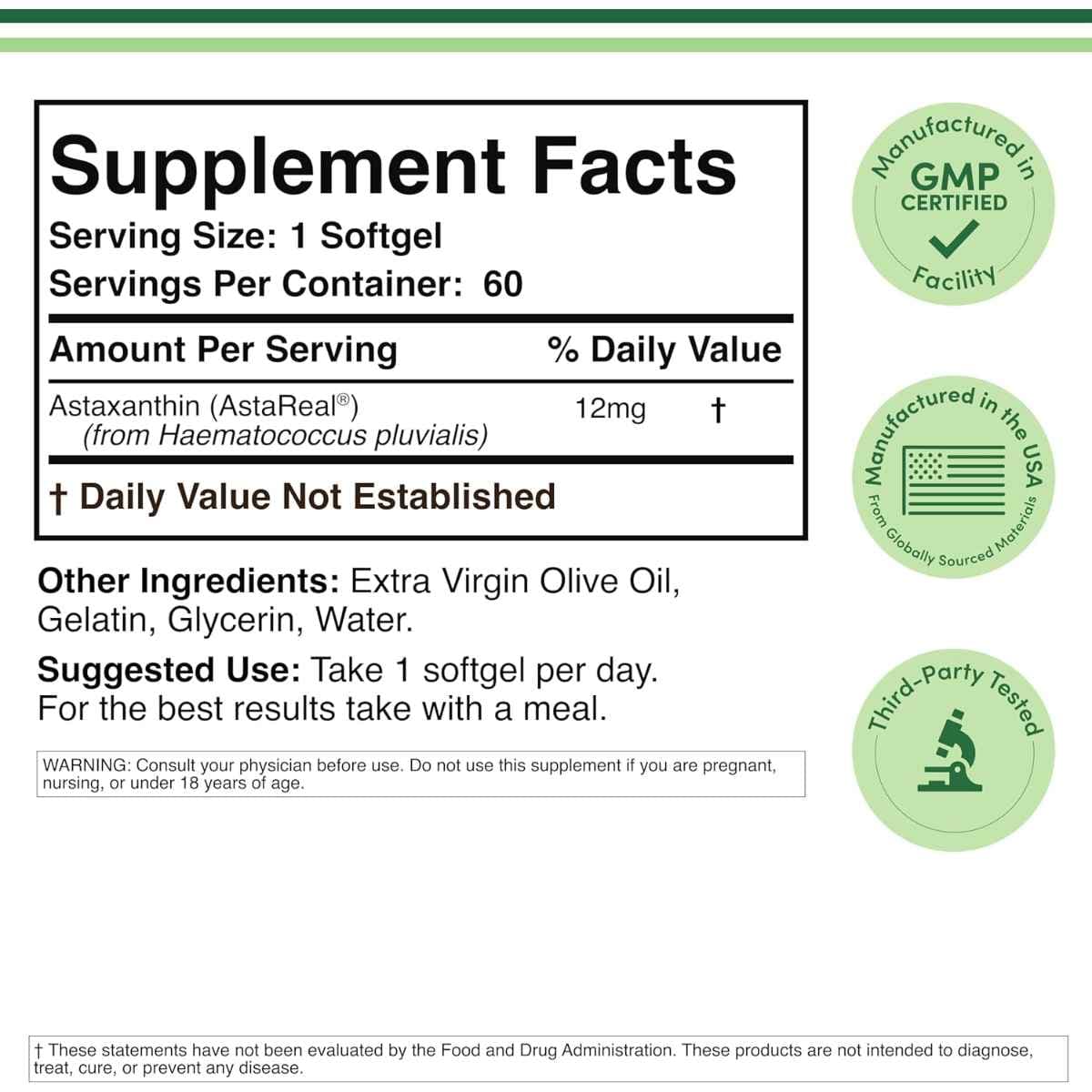 Tabla nutricional del suplemento Double Wood Astaxantina 12 mg 60 cápsulas blandas