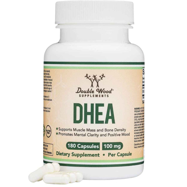 Frasco frontal de Double Wood Supplements DHEA 100 mg, presentación de 180 cápsulas.