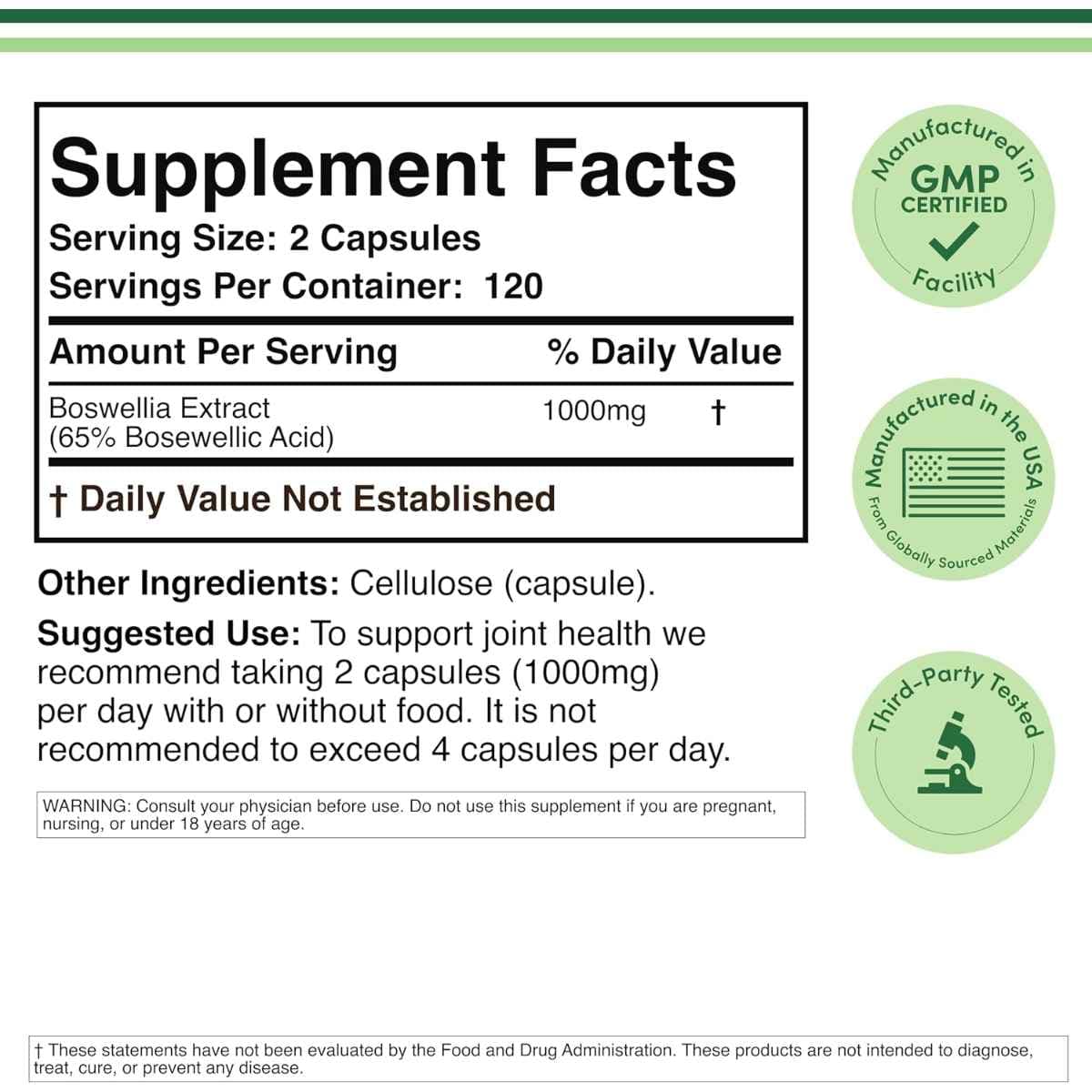 Tabla nutricional del suplemento Double Wood Extracto de Boswellia Estandarizado 1000 mg 240 cápsulas