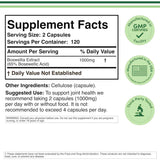 Tabla nutricional del suplemento Double Wood Extracto de Boswellia Estandarizado 1000 mg 240 cápsulas