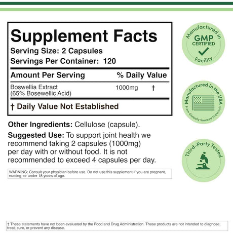 Tabla nutricional del suplemento Double Wood Extracto de Boswellia Estandarizado 1000 mg 240 cápsulas