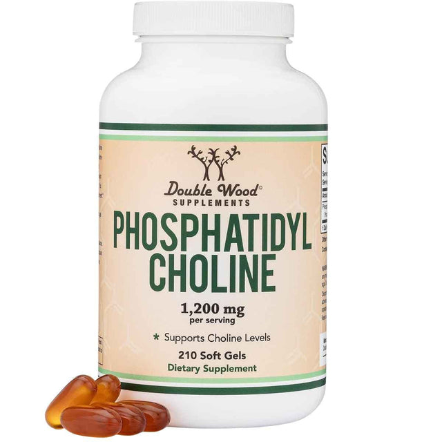 Frasco frontal de Double Wood Supplements Fosfatidilcolina, complejo de 1.200 mg por porción, 210 cápsulas blandas.