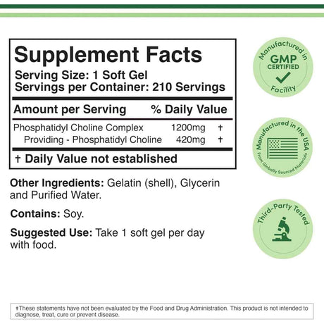 Información del suplemento de Double Wood Fosfatidilcolina con 1.200 mg de complejo y 420 mg de fosfatidilcolina por cápsula blanda.