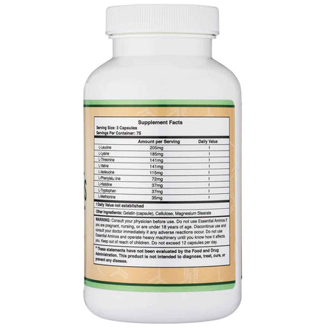 Tabla nutricional del suplemento Double Wood Supplements Aminoácidos Esenciales 225 cápsulas