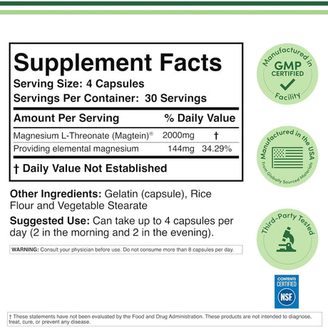 Información del suplemento de Double Wood Supplements Magtein treonato de magnesio, 120 cápsulas