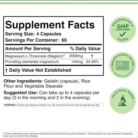 Información del suplemento de Double Wood Supplements Magtein treonato de magnesio, 240 cápsulas