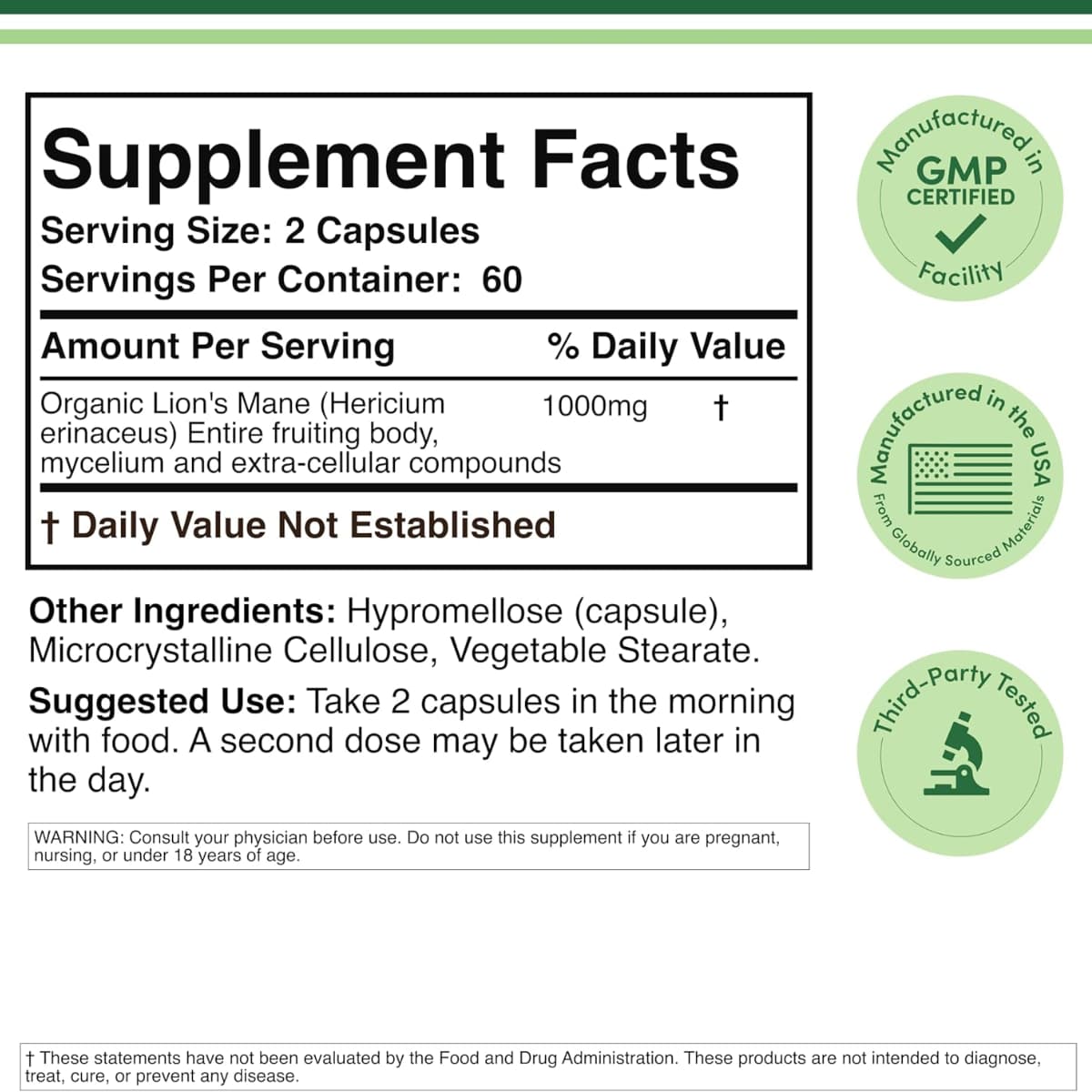 Tabla nutricional del suplemento Double Wood Supplements Melena de León 120 cápsulas