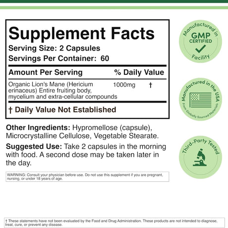 Tabla nutricional del suplemento Double Wood Supplements Melena de León 120 cápsulas