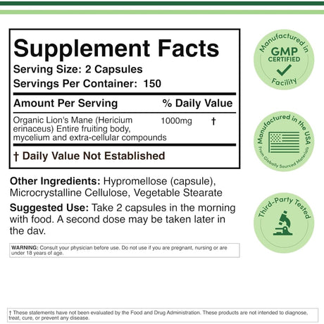 Tabla nutricional del suplemento Double Wood Supplements Melena de León 300 cápsulas