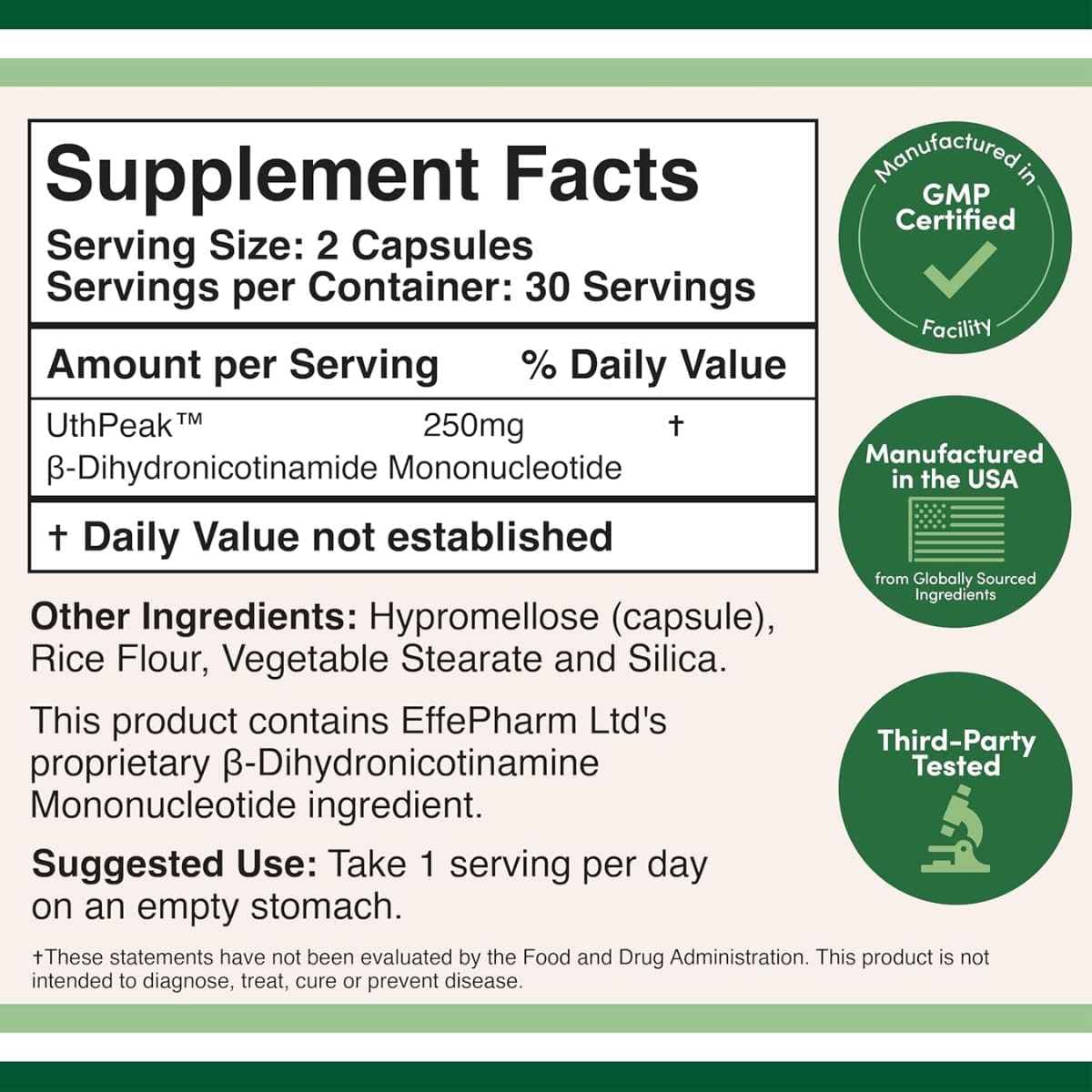 Tabla nutricional del suplemento Double Wood Supplements NMNH 250 mg 60 cápsulas