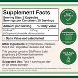 Tabla nutricional del suplemento Double Wood Supplements NMNH 250 mg 60 cápsulas