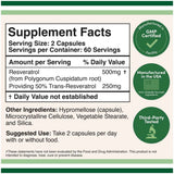 Tabla nutricional del suplemento Double Wood Supplements Resveratrol 500 mg 120 cápsulas