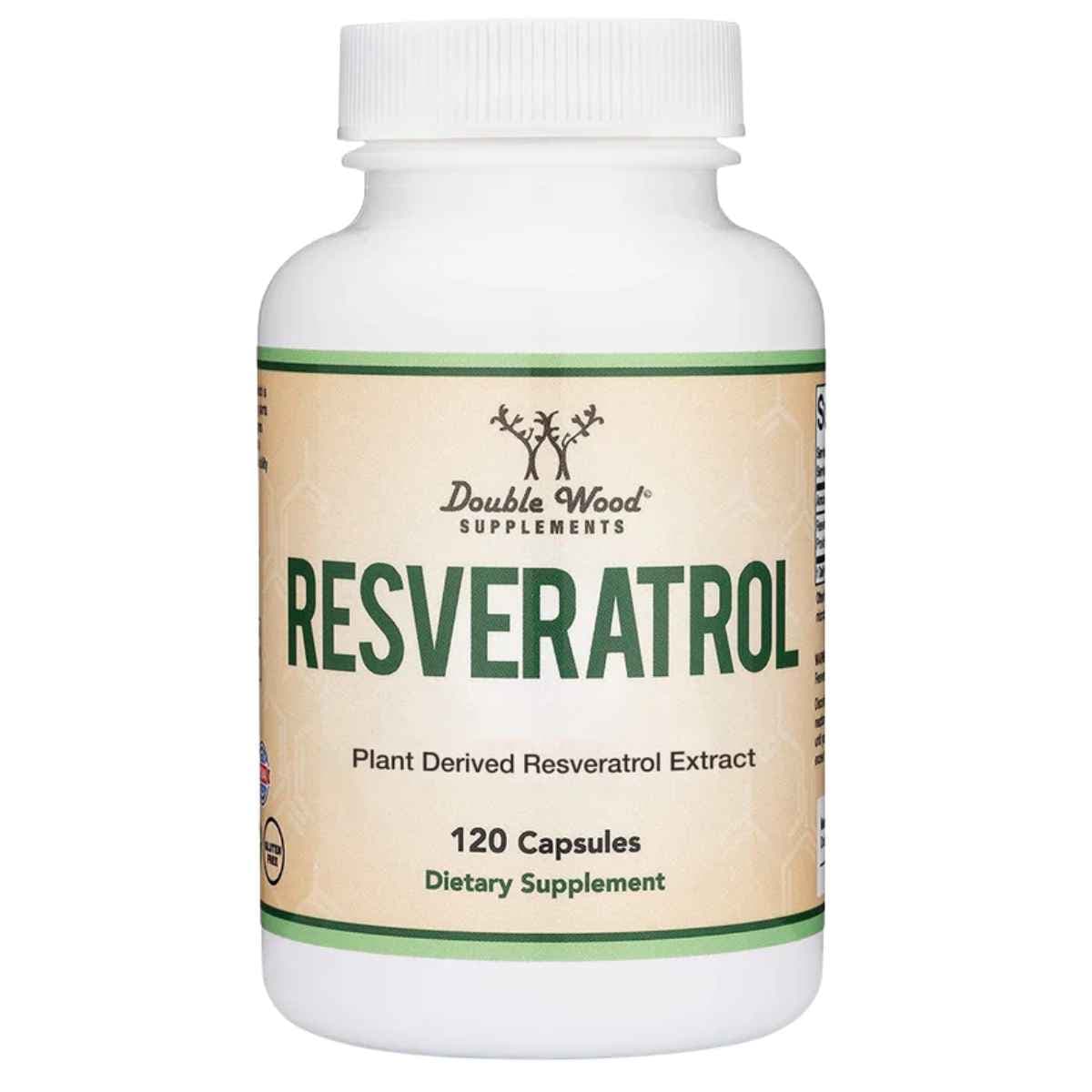 Frasco de suplemento Double Wood Supplements Resveratrol 500 mg 120 cápsulas