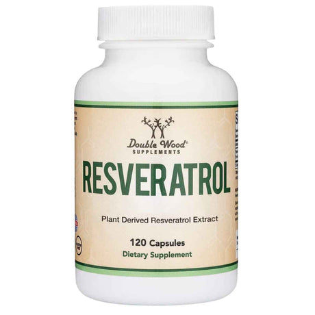 Frasco de suplemento Double Wood Supplements Resveratrol 500 mg 120 cápsulas