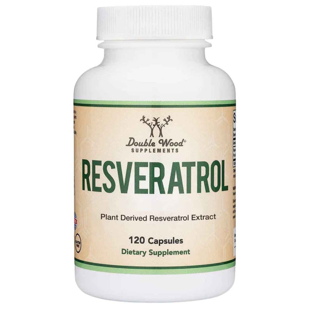 Frasco de suplemento Double Wood Supplements Resveratrol 500 mg 120 cápsulas