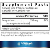 Información del suplemento de Douglas Laboratories citrato de magnesio 150 mg por cápsula, 90 cápsulas