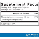 Tabla Supplement Facts de Douglas Laboratories Magnesio Glicinato con 120 cápsulas vegetarianas y dosis de 120 mg por cápsula