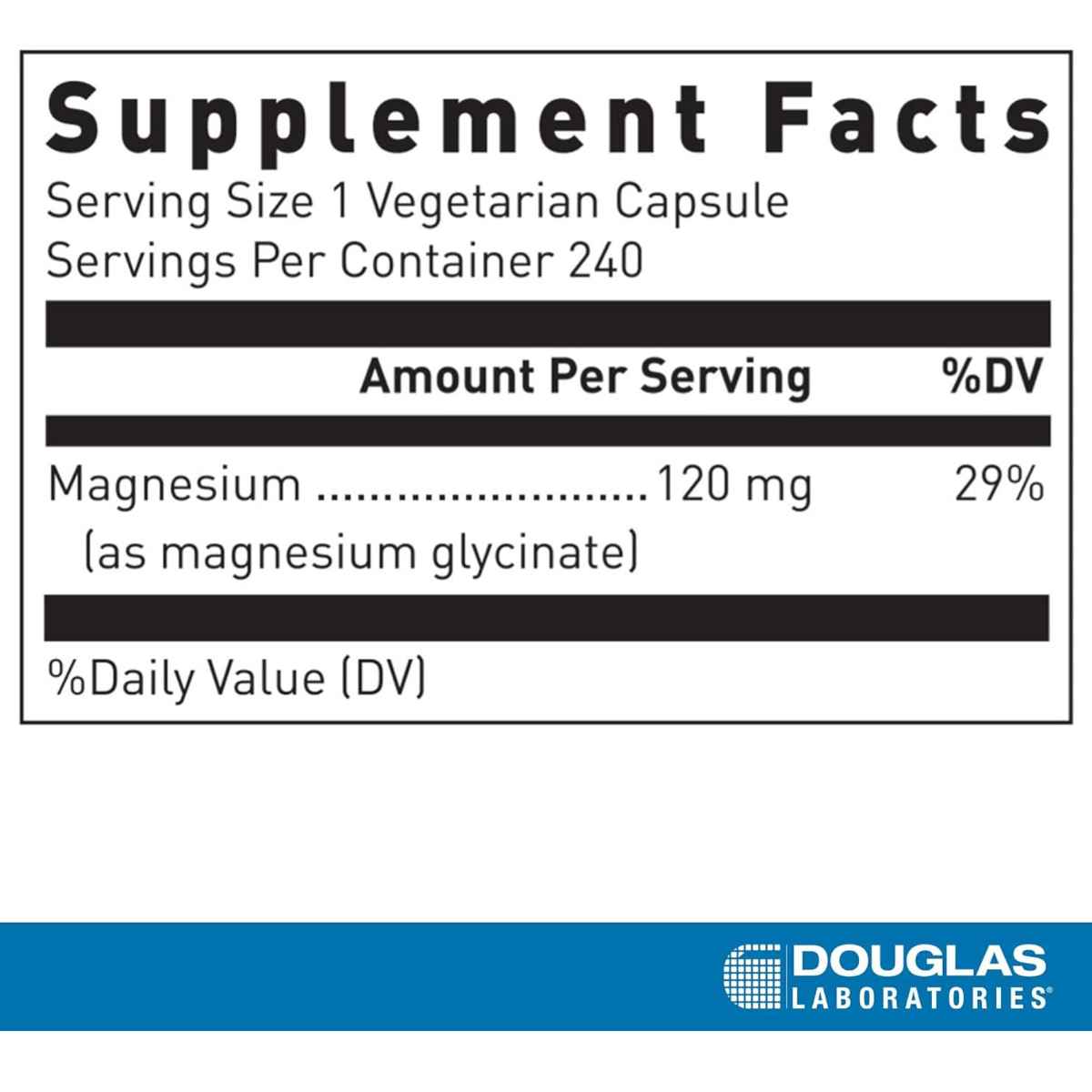 Tabla Supplement Facts de Douglas Laboratories Magnesio Glicinato con 240 cápsulas vegetarianas y dosis de 120 mg por cápsula