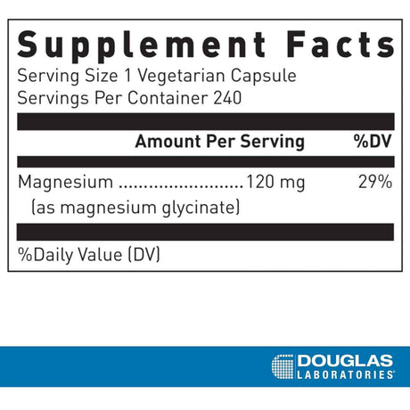 Tabla Supplement Facts de Douglas Laboratories Magnesio Glicinato con 240 cápsulas vegetarianas y dosis de 120 mg por cápsula