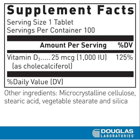 Tabla nutricional del suplemento Douglas Laboratories Vitamina D3 1000 UI 100 Tabletas