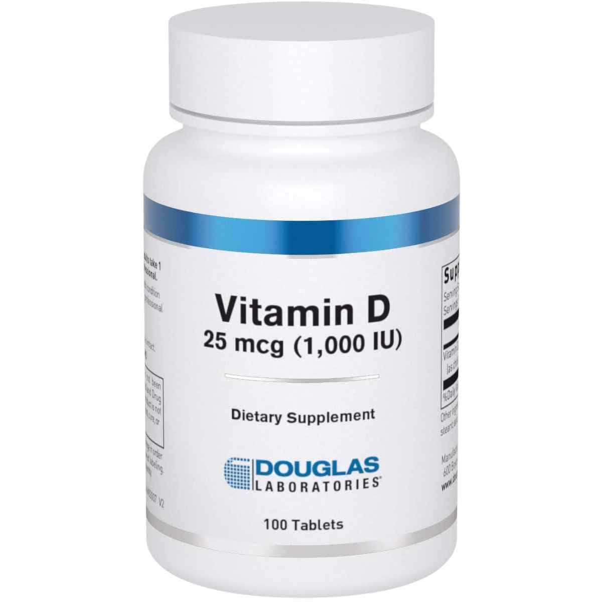 Frasco de suplemento Douglas Laboratories Vitamina D3 1000 UI 100 Tabletas