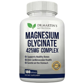 Envase frontal de DR. MARTIN’S NUTRITION complejo de glicinato de magnesio 425 mg en presentación de 180 cápsulas.