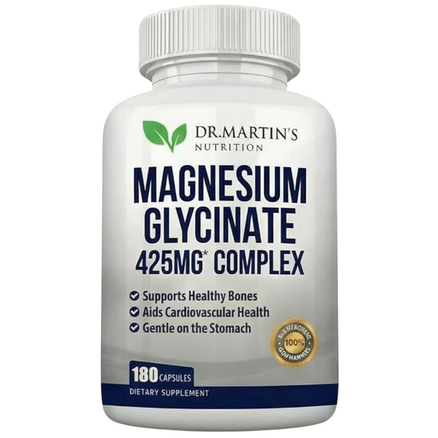 Envase frontal de DR. MARTIN’S NUTRITION complejo de glicinato de magnesio 425 mg en presentación de 180 cápsulas.