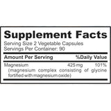 Tabla nutricional Supplement Facts del complejo de glicinato de magnesio 425 mg de DR. MARTIN’S NUTRITION con ingredientes y tamaño de porción.