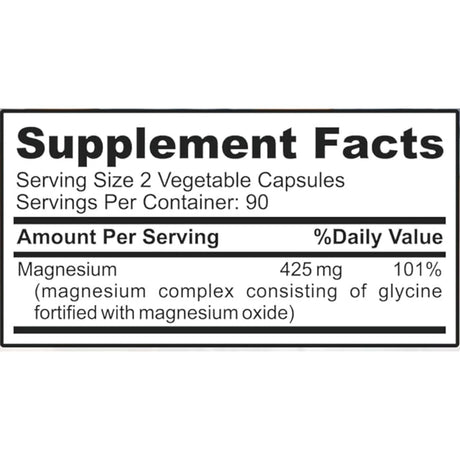 Tabla nutricional Supplement Facts del complejo de glicinato de magnesio 425 mg de DR. MARTIN’S NUTRITION con ingredientes y tamaño de porción.
