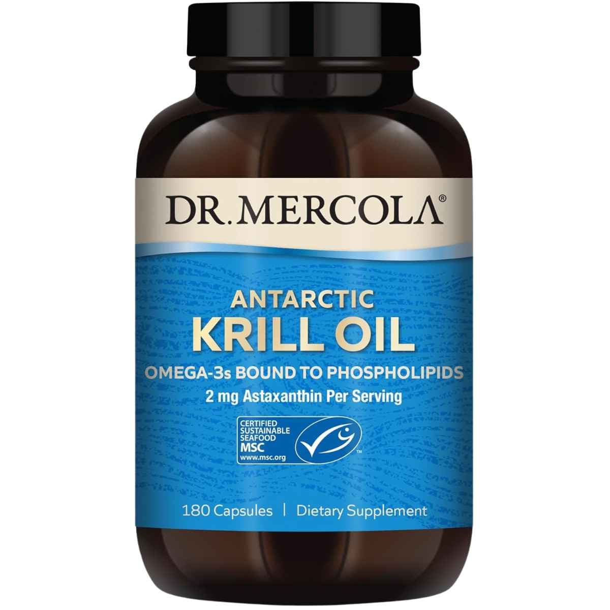 Frasco de Dr. Mercola Aceite de Krill Antártico, presentación de 180 cápsulas