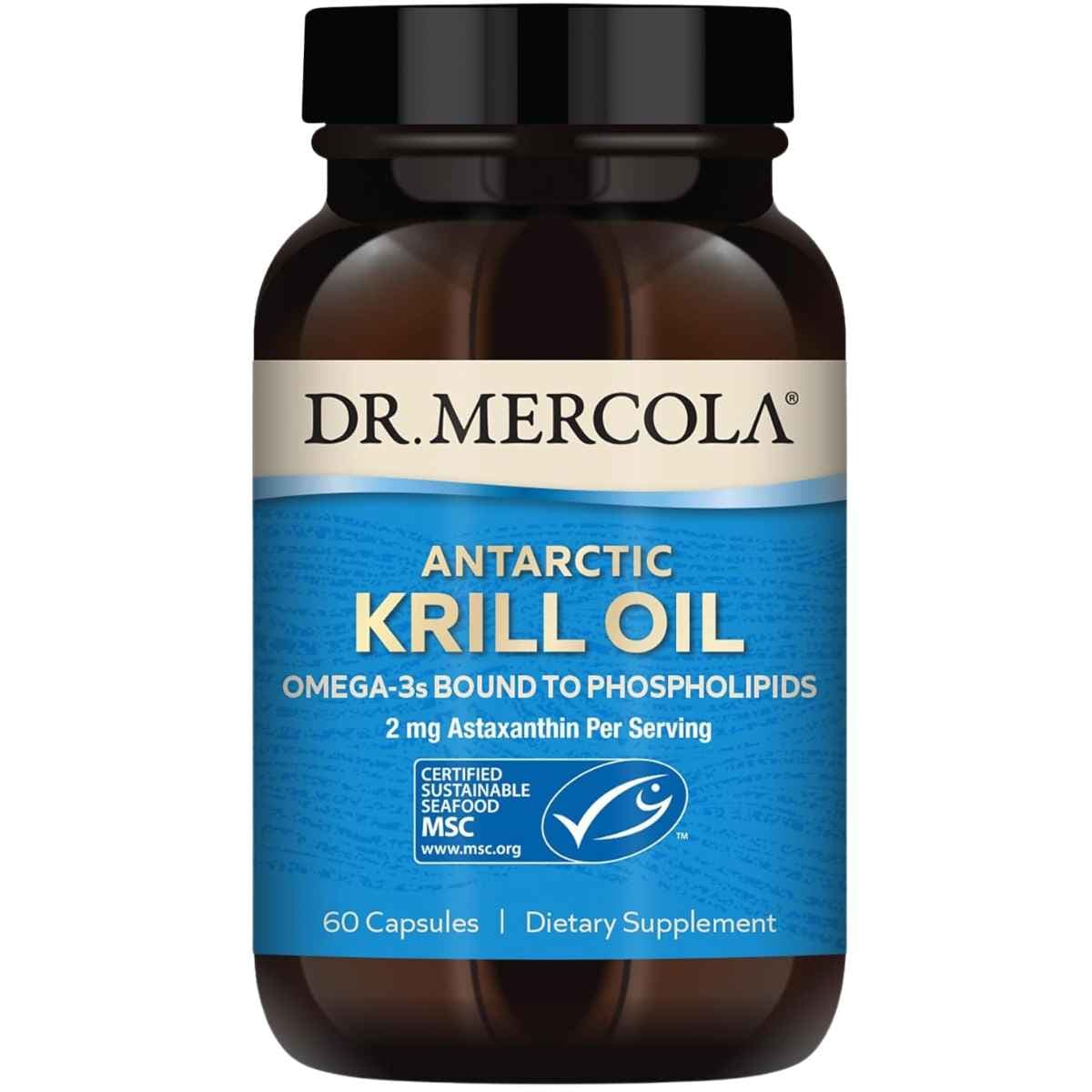 Frasco de Dr. Mercola Aceite de Krill Antártico, presentación de 60 cápsulas