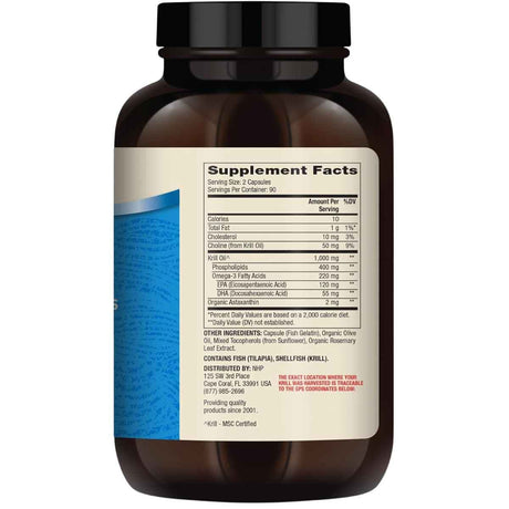 Etiqueta de suplemento de Dr. Mercola Aceite de Krill Antártico en presentación de 180 cápsulas