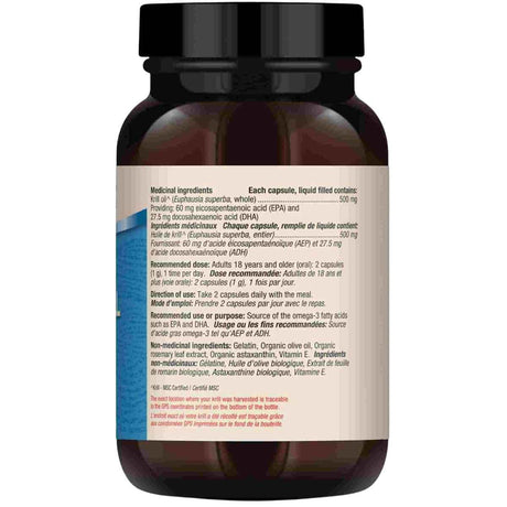 Etiqueta de suplemento de Dr. Mercola Aceite de Krill Antártico en presentación de 60 cápsulas