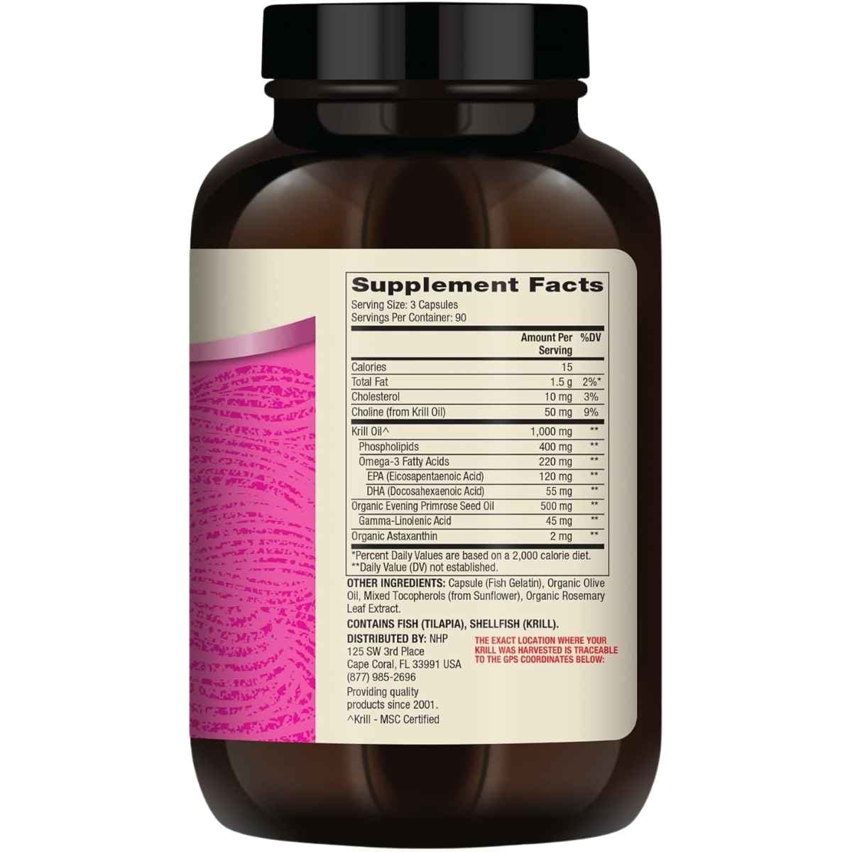 Tabla nutricional del suplemento Dr. Mercola Aceite de Krill para Mujer 270 cápsulas