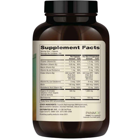 Tabla nutricional del suplemento Dr. Mercola Complejo de Vitamina B con Benfotiamina 180 cápsulas