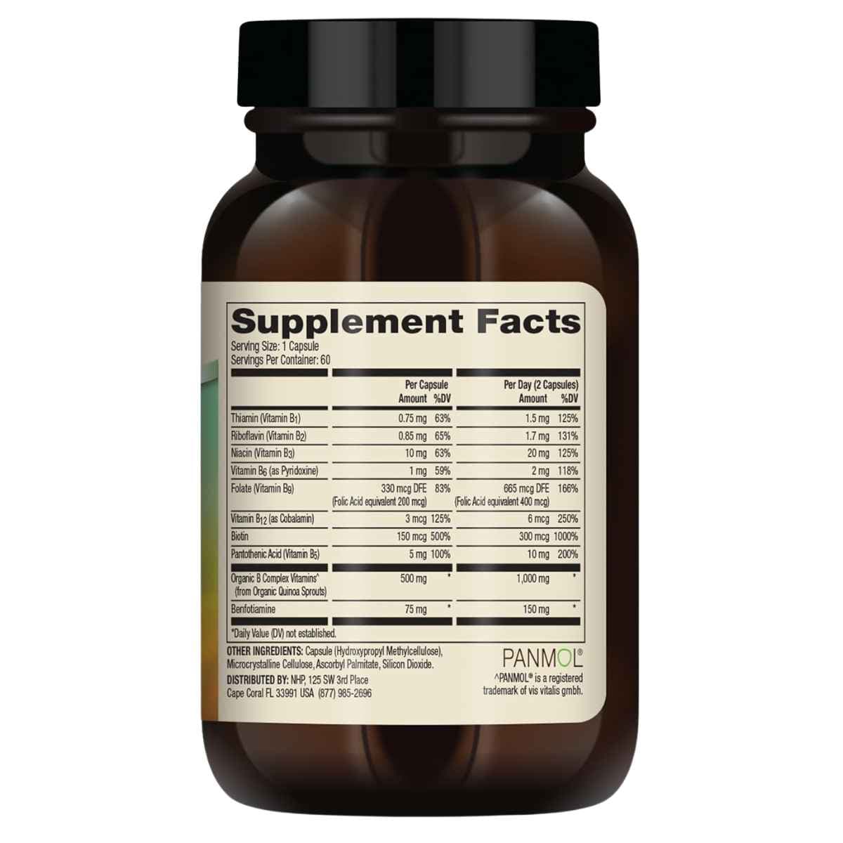 Tabla nutricional del suplemento Dr. Mercola Complejo de Vitamina B con Benfotiamina 60 cápsulas