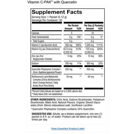 Tabla nutricional del suplemento Dr. Mercola Vitamina C con Quercetina 30 paquetes