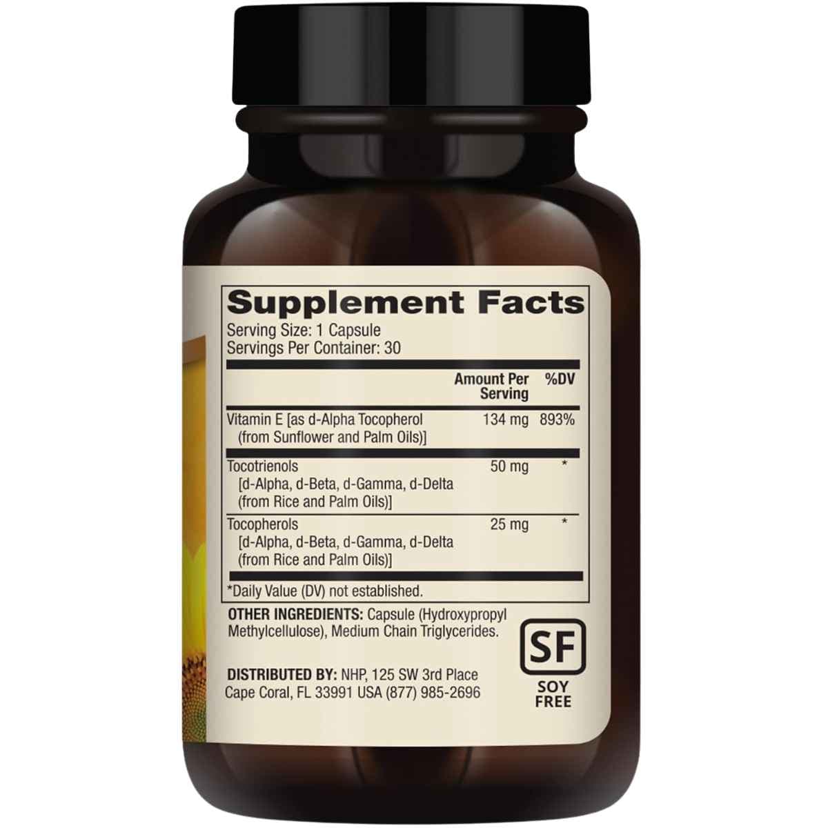 Tabla nutricional del suplemento Dr. Mercola Vitamina E 134 mg 30 cápsulas