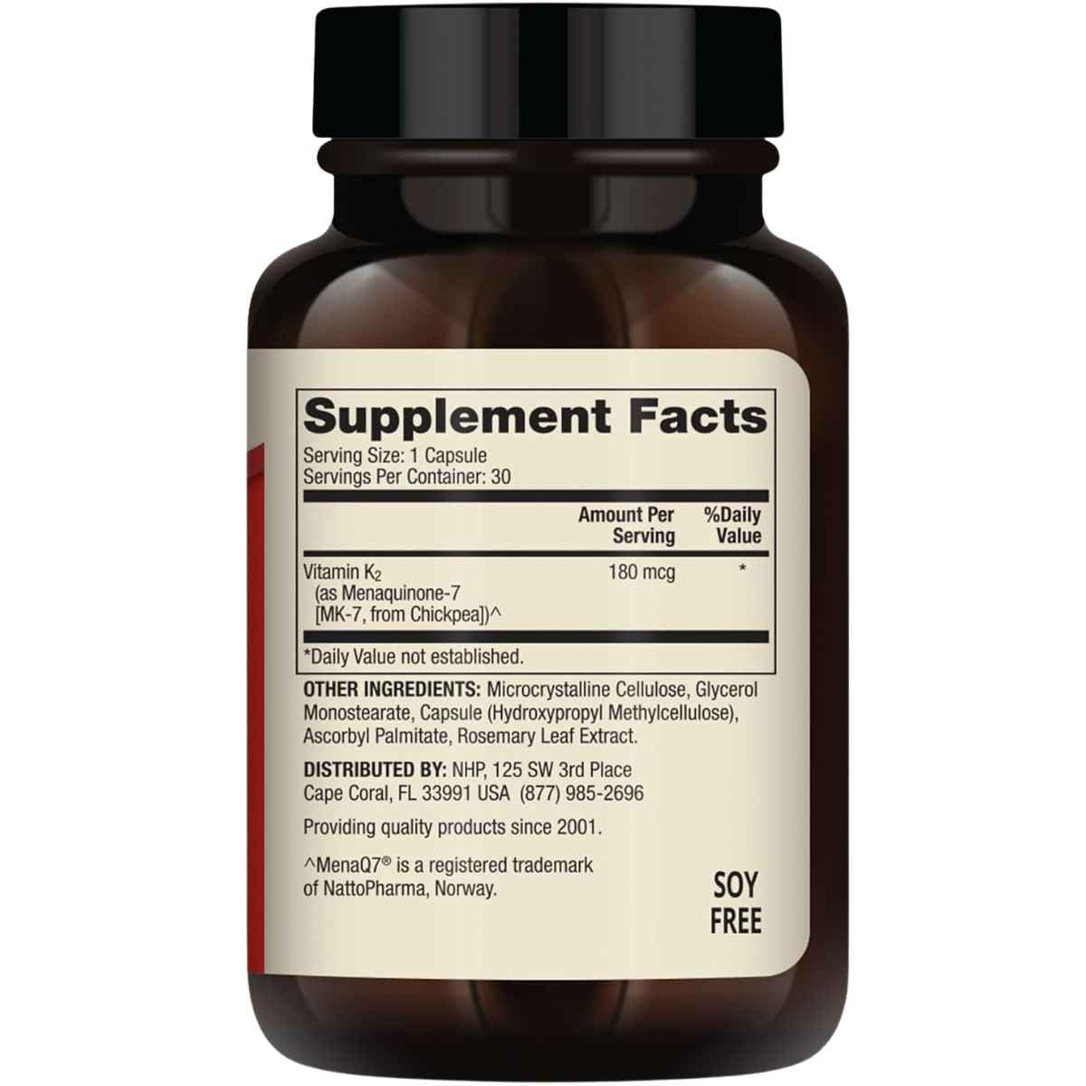 Tabla nutricional del suplemento Dr. Mercola Vitamina K2 180 mcg 30 cápsulas