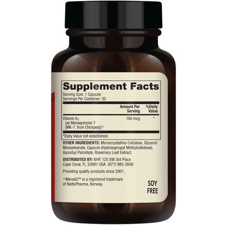 Tabla nutricional del suplemento Dr. Mercola Vitamina K2 180 mcg 30 cápsulas