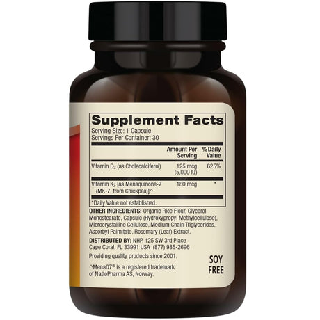 Tabla nutricional del suplemento Dr. Mercola Vitaminas D3 y K2 30 cápsulas