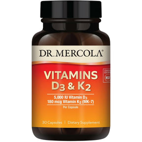 Frasco de suplemento Dr. Mercola Vitaminas D3 y K2 30 cápsulas