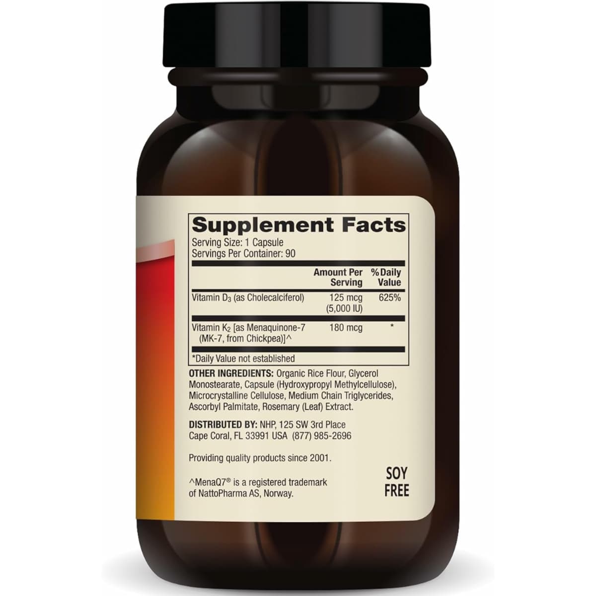 Tabla nutricional del suplemento Dr. Mercola Vitaminas D3 y K2 90 cápsulas